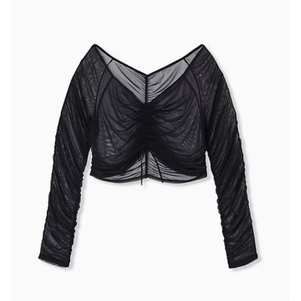 BLACK MESH DRAWSTRING LONG SLEEVE UNDER-IT-ALL CROP TOP